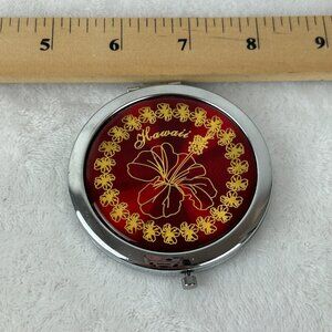 Compact Folding Double Sided Round Mirror For Purse Flower Hawaii 3"